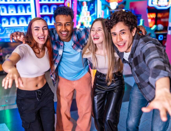 Four young multiethnic friends are enjoying their weekend together at an arcade, playing games and having a blast